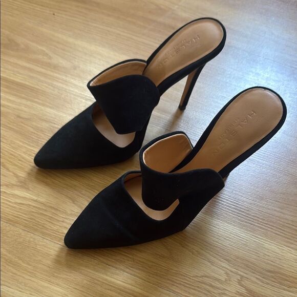 Halston Heritage Heels Black Suede Stiletto Mules Colette Size 7 Leather - Picture 2 of 9